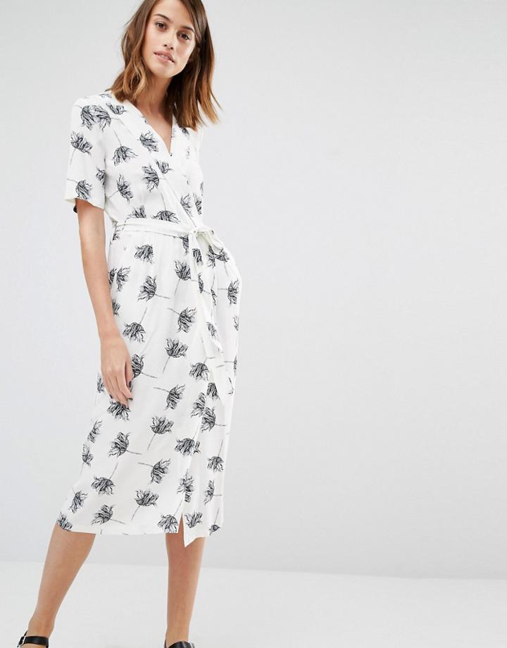 Warehouse Stencil Floral Wrap Midi Dress - Ivory