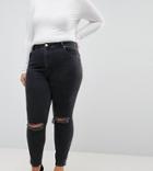 Asos Curve Super High Rise Firm Skinny Jeans With Busted Knees In Washed Black - Black