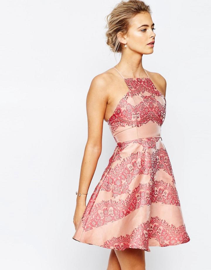 True Decadence Lace Panel Mini Dress With Flippy Hem - Coral
