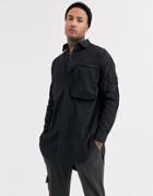 Asos Design Regular Fit Super Longline Poplin Shirt With 3d Zip Pocket In Black