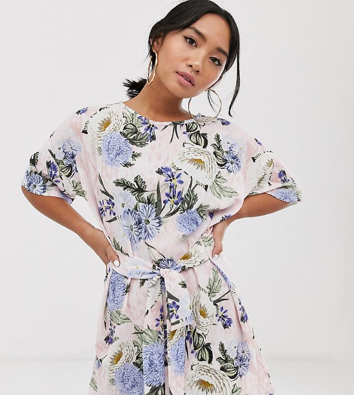 Boohoo Petite Shift Dress With Tie Waist In Pink Floral - Multi