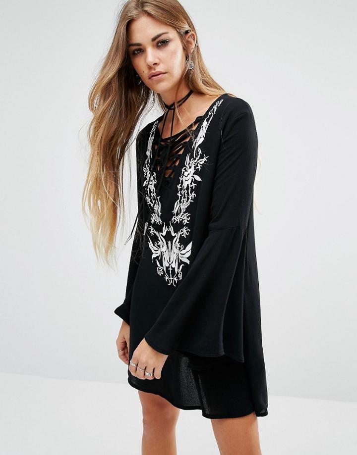 Lira Tie Up Front Boho Dress With Embroiderey Detail - Black