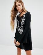 Lira Tie Up Front Boho Dress With Embroiderey Detail - Black