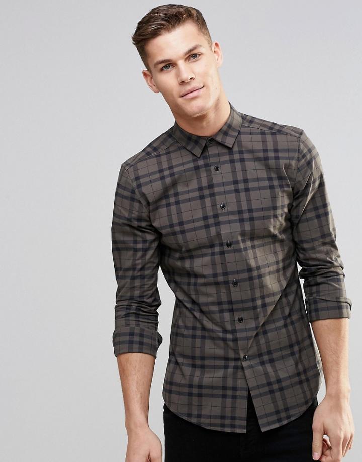 Asos Skinny Shirt In Khaki Check With Long Sleeves - Khaki