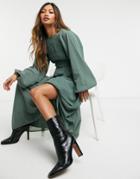 Asos Design Shirred Bodice Maxi Dress In Khaki-green