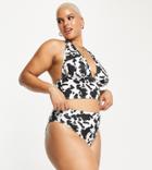 Reclaimed Vintage Inspired Plus High Waist Bikini Bottom In Cow Print-black