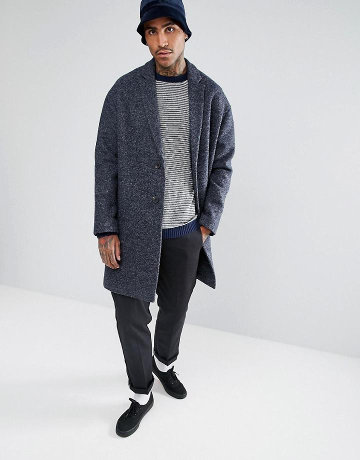 Asos Wool Mix Drop Shoulder Overcoat In Blue Texture - Blue