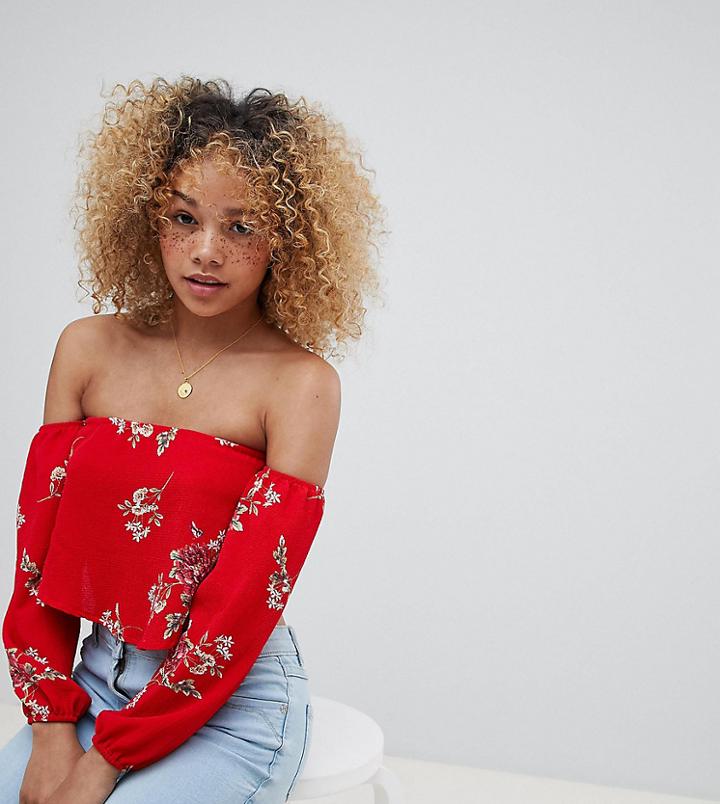 Parisian Petite Off Shoulder Floral Crop Top - Red