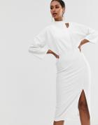 Asos Design Midi Dress With Asymmetric Buckle Neck - White