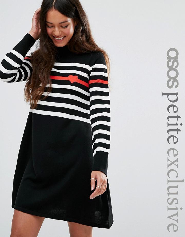 Asos Petite Knitted Dress With Stripe And Heart - Black