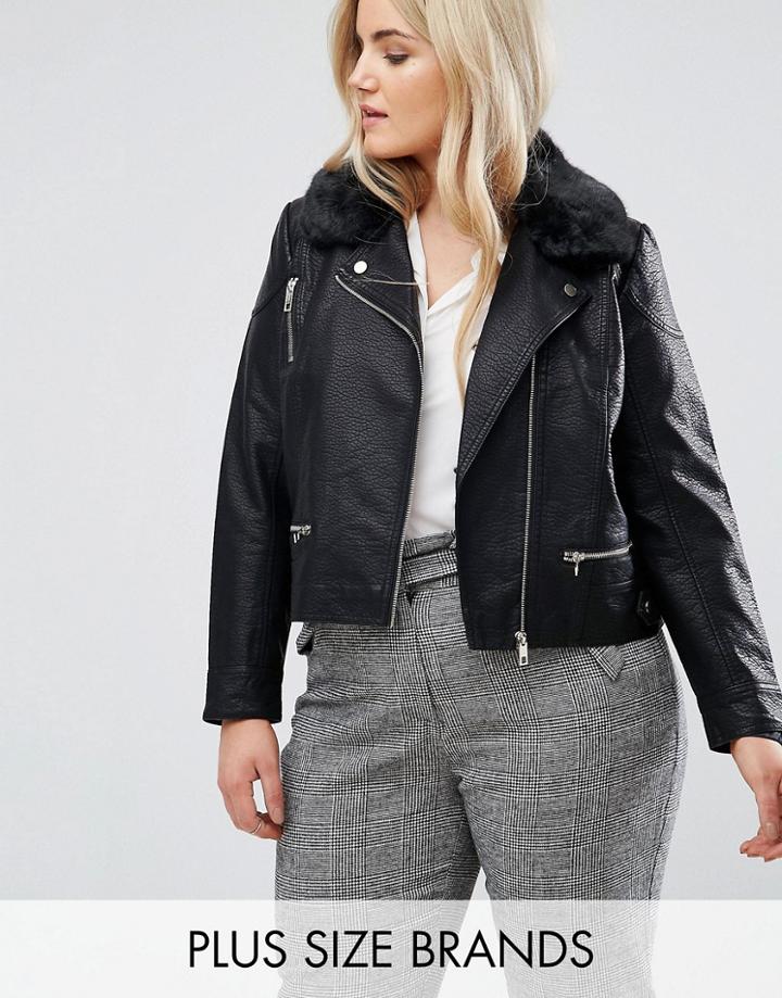 Lost Ink Plus Leather Look Jacket With Faux Fur Collar - Black