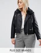 Lost Ink Plus Leather Look Jacket With Faux Fur Collar - Black