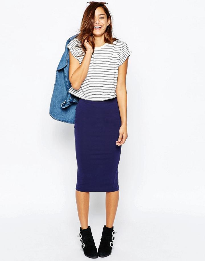 Asos Midi Pencil Skirt In Jersey - Blue
