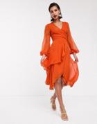 Asos Design Wrap Waist Midi Dress With Double Layer Skirt And Long Sleeve