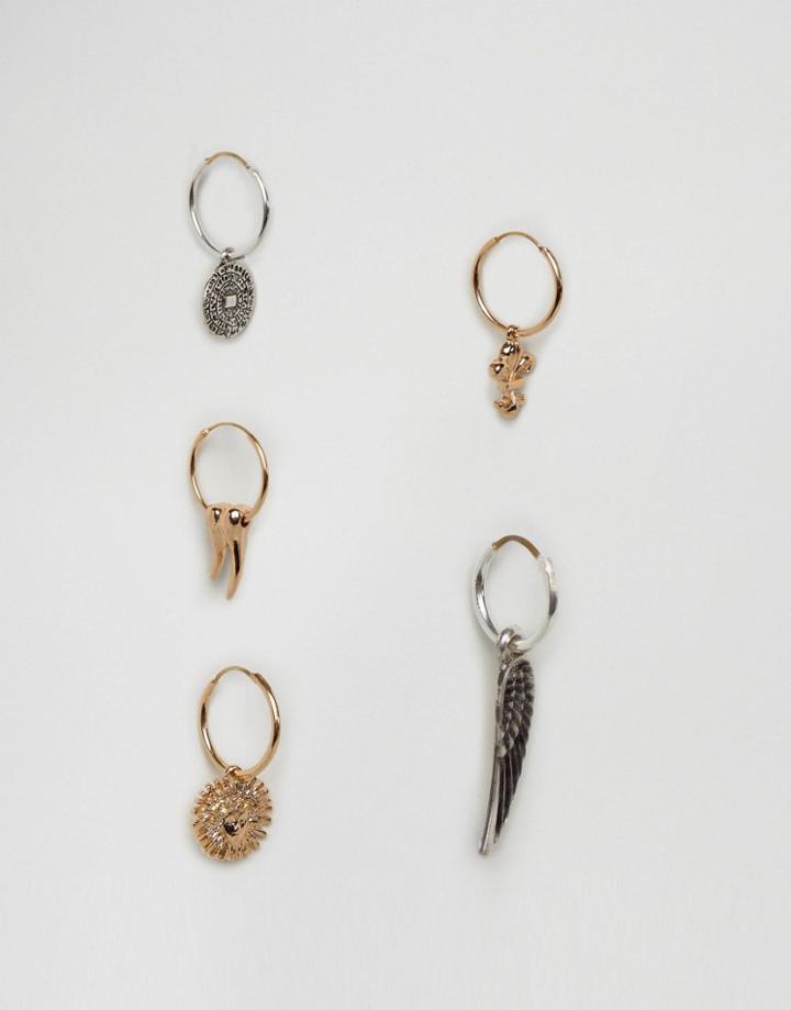 Asos Mixed Charm Hoop Earrings In Burnished Gold - Gold