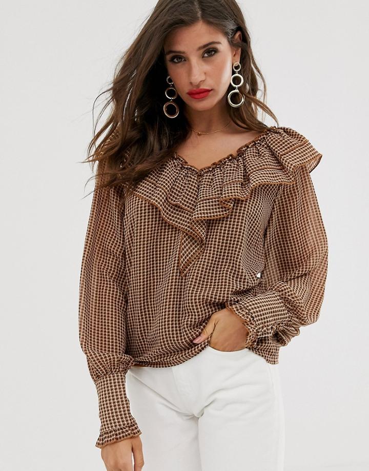 Vila Check Ruffle V Neck Top-brown