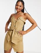 Asos Design Off Shoulder Structured Mini Dress With Button Up And Tie Detail-green