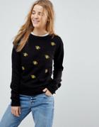 Brave Soul Sweater Wth Embroidered Bees - Black