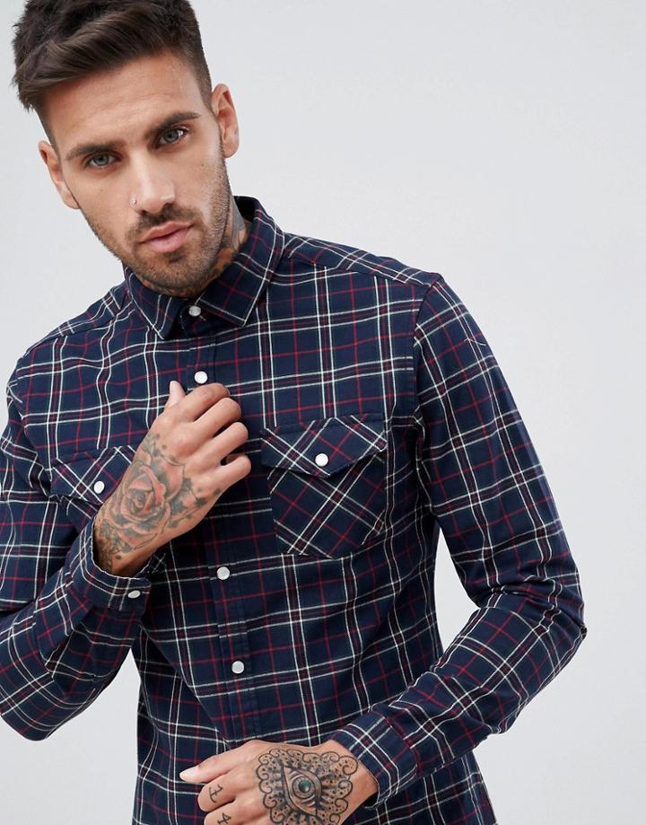 Asos Design Stretch Slim Check Western Shirt In Navy & Red - Navy