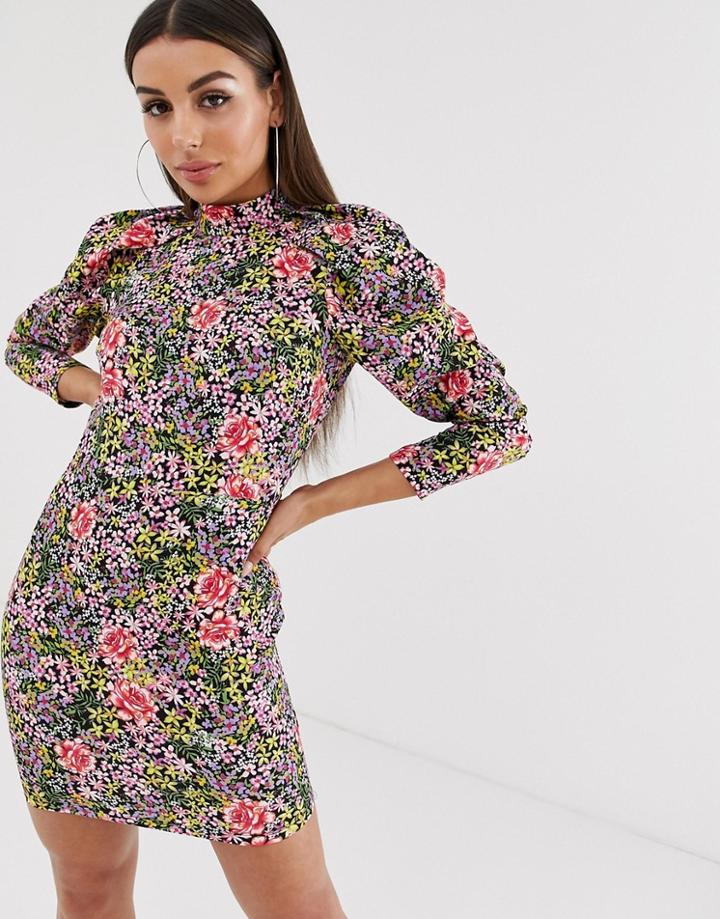 Asos Design Mini Dress With Extreme Puff Sleeve In Bold Floral - Multi