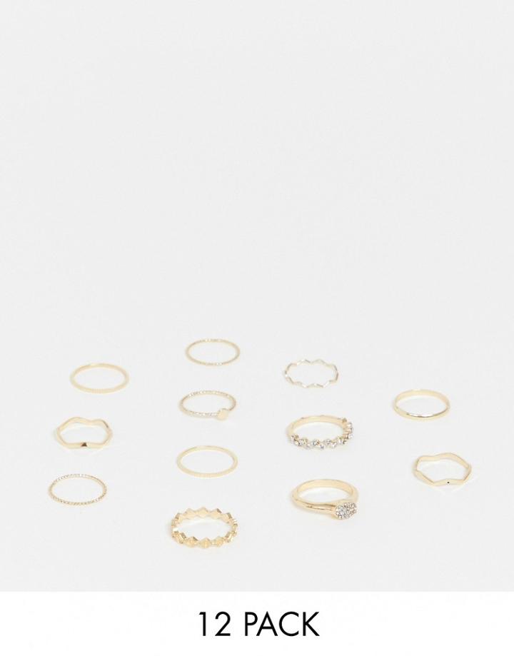 Asos Design Pack Of 12 Rings In Mixed Design With Wavey And Engraved Rings In Gold - Gold