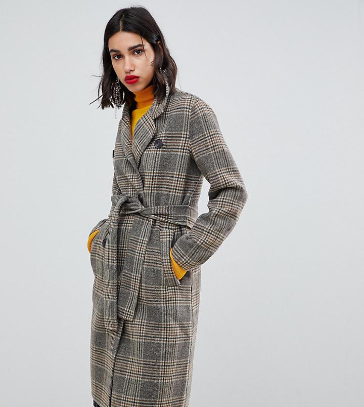 Mango Check Tie Waist Clean Coat In Brown - Brown