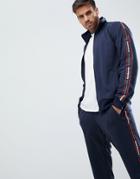 Pull & Bear Tracksuit Top In Navy With Slogan On Sleeves - Navy