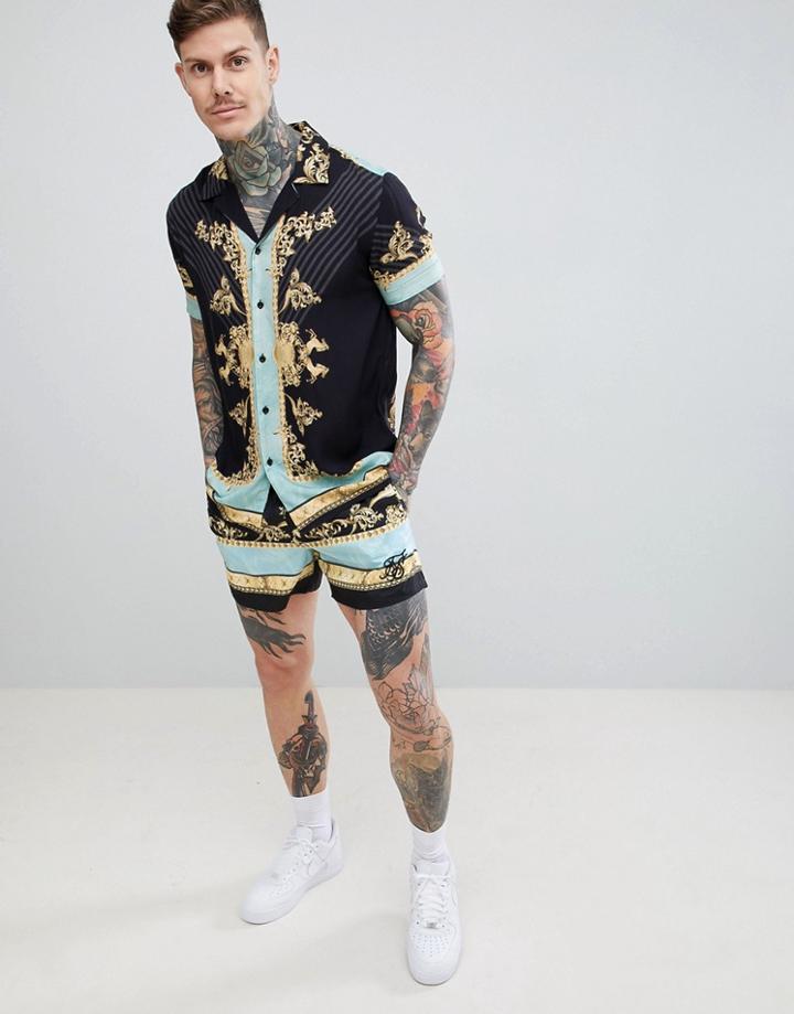 Siksilk Resort Shirt In Black And Gold Print - Black