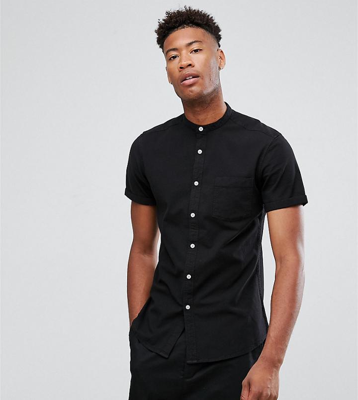 Asos Tall Casual Stretch Slim Shirt With Grandad Collar In Black - Purple