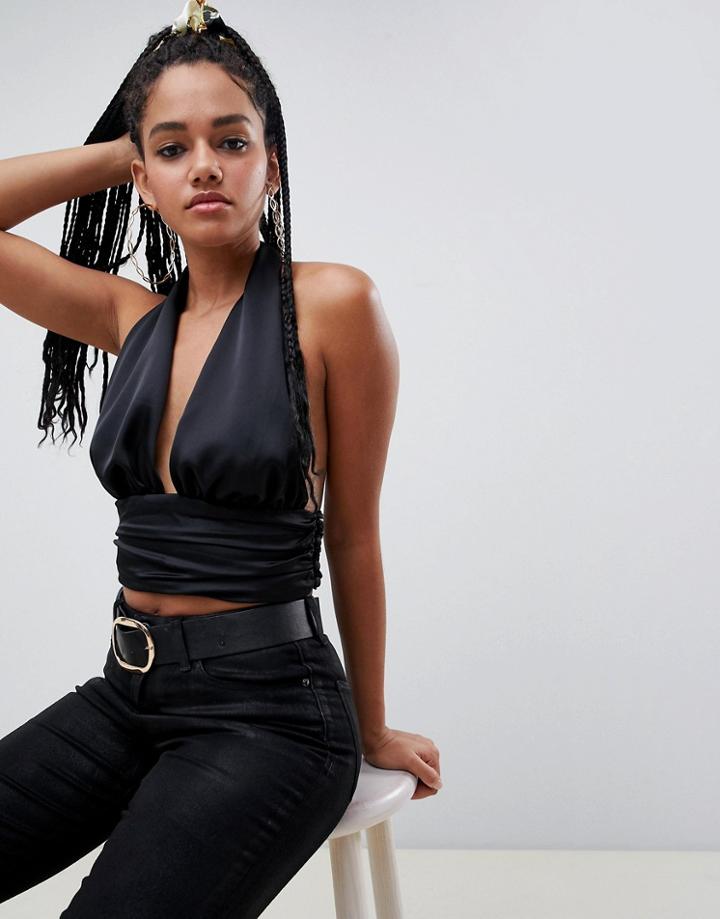 Asos Design Halter Crop Top In Satin - Black