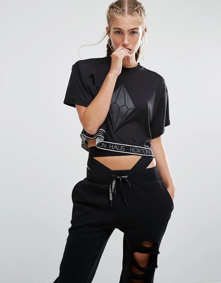 Hoxton Haus Cropped Mesh Reflective Logo Tee - Black