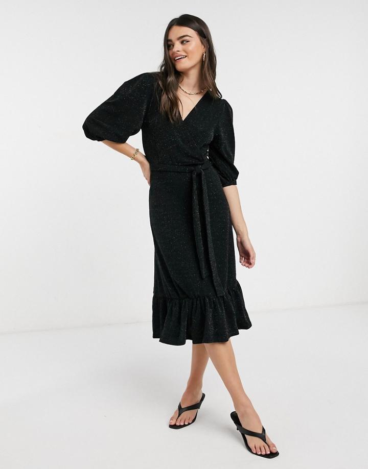 Y.a.s. Scarlet Puff Sleeve Glittery Midi Dress In Black
