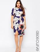 Asos Curve Textured Wiggle Dress With Wrap Skirt In Watercolour Print - Multi