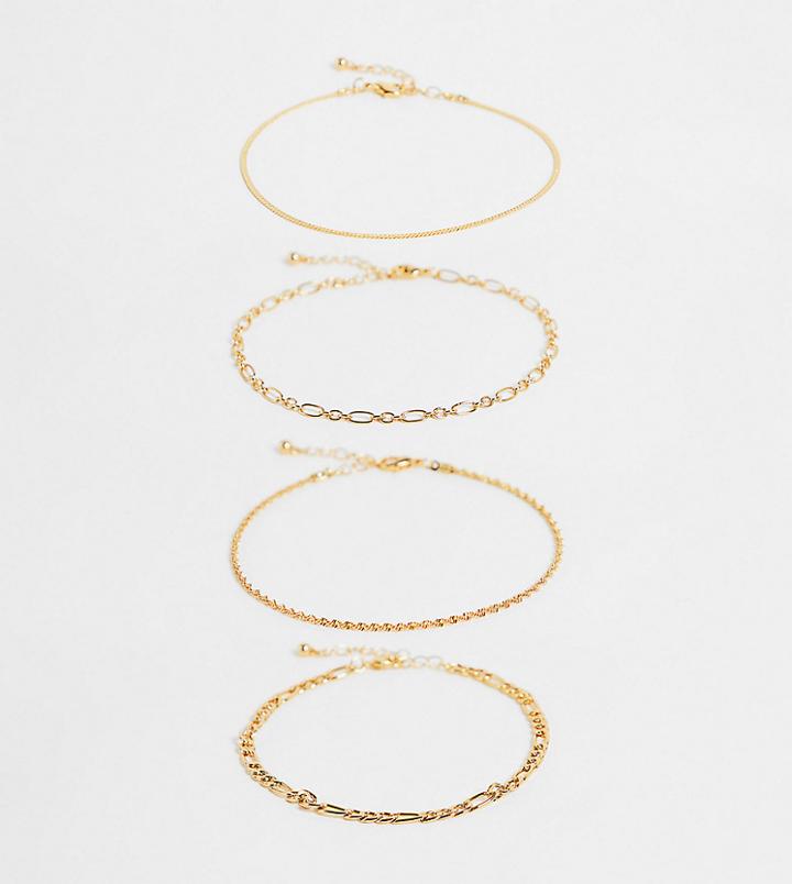 Asos Design Curve 4-pack 14k Gold Plated Anklets In Mixed Chain Design