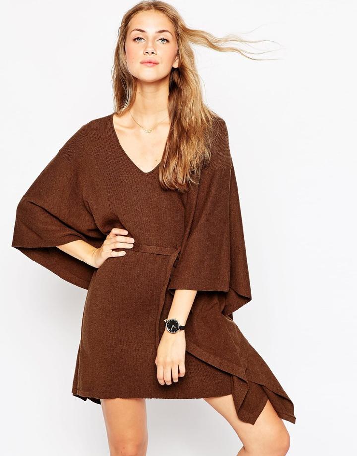 Asos Belted Cape Dress With Ribbed Front Panel - Tobacco