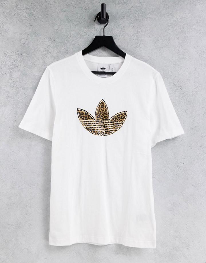 Adidas Originals Large Logo Boyfriend T-shirt In White With Leopard Print