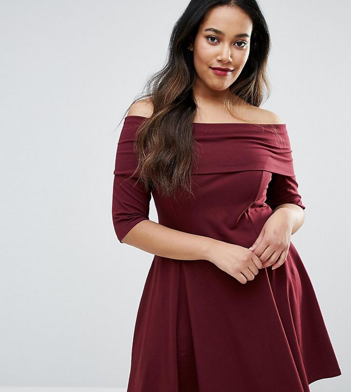 Asos Curve Deep Bardot Mini Skater Dress With 3/4 Length Sleeve - Red