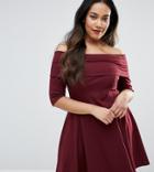 Asos Curve Deep Bardot Mini Skater Dress With 3/4 Length Sleeve - Red