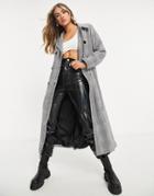 Parisian Double Breasted Longline Trench In Plaid-black