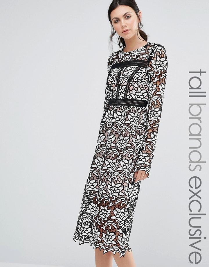True Decadence Tall Allover Lace Midi Dress With Frill Hem Skirt - Black