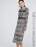 True Decadence Tall Allover Lace Midi Dress With Frill Hem Skirt - Black