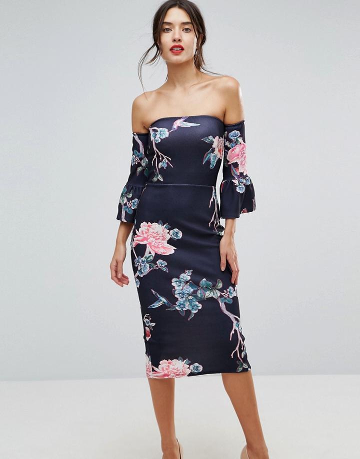 True Violet Flare Sleeve Bodycon Dress In Floral Print - Black
