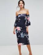 True Violet Flare Sleeve Bodycon Dress In Floral Print - Black