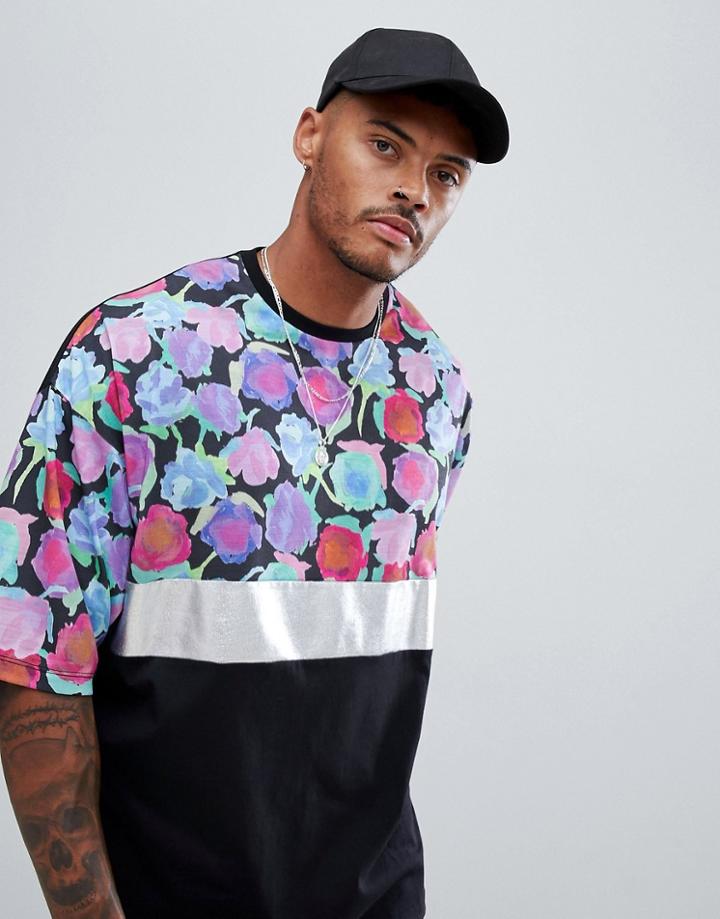 Asos Design Oversized T-shirt With Silver Foil Panel And Floral Yoke - Black