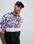 Asos Design Oversized T-shirt With Silver Foil Panel And Floral Yoke - Black