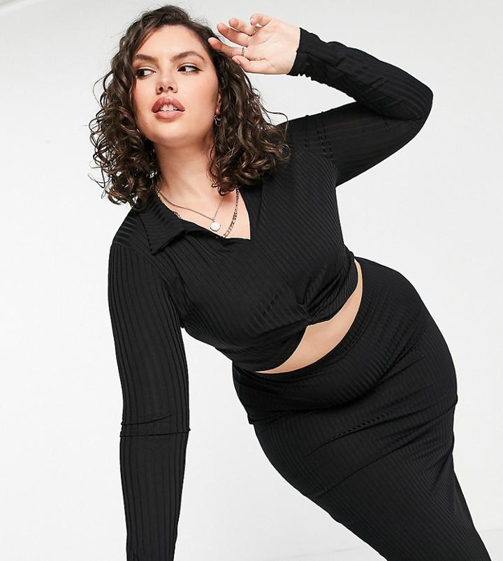 Missguided Plus Set Twist Front Polo Top In Black