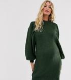 Asos Design Maternity Mini Sweater Dress In Lofty Yarn With Volume Sleeve - Green