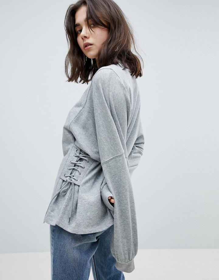 Pieces Sweatshirt With Lace Up Side Detail - Gray