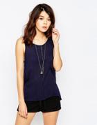 Brave Soul Sleeveless Tank Top With Embriordered Detail - Navy