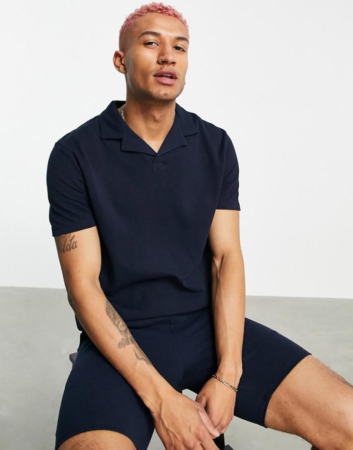 Asos Design Relaxed Pique Revere Polo In Navy - Part Of A Set